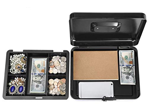 Royal Brands Cash Box with Key Lock, Portable Metal Storage Box, Money Box w/Double Layer 2 Keys for Security, Festivals, Fundraisers, Garage/Yard Sales (Black, XL 12x9.5x4 in)