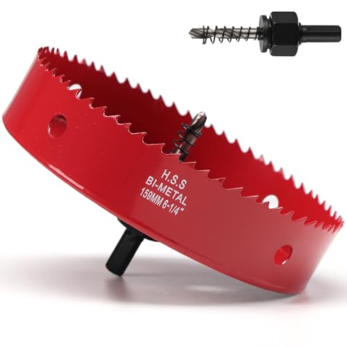 Image of 6-1 /4 Inch Hole Saw for Recessed Lighting, 159mm HSS BI-Metal Hole Cutter for Wood, 32mm Cutting Depth Hole Cutter with Hex Shank Drill Bit Adapter for Cornhole Boards Plastic Drywall Fiberboard, Red