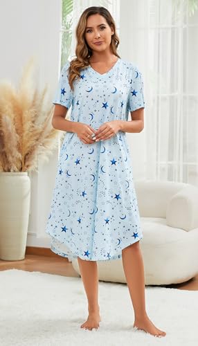 Image of Kabento Nightgowns for Women Cotton Short Sleeve Long Night Gowns with Pockets