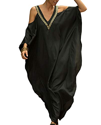 FSMO Damen Strandkleid Baumwolle Bikini Cover Up Lose Kaftan Strandponcho Lang Sommer Pareos Maxikleid Beachwear (Einheitsgröße, Schwarz)