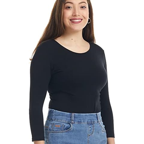 ESTEEZ Large Black 3/4 Sleeve Cotton Plain Tshirt for Women Elbow Length Under Blazer Long Shell Top (EX801247BLACKL) Cover