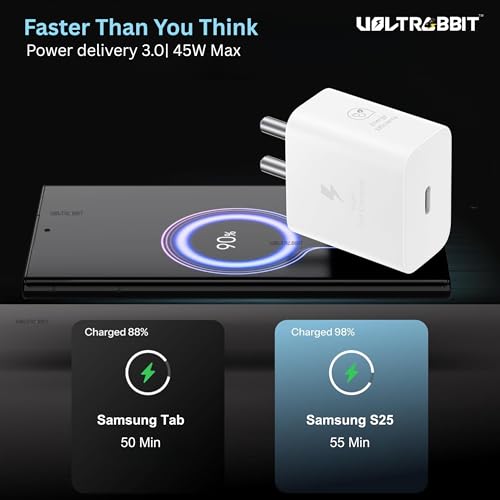 Image of 45W Super Fast Charger for Samsung Galaxy M06 5G, M16 5G, M17 5G, M33 5G, M35 5G, M36 5G | Type-C PD 3.0 Fast Charging Adapter | Compact & Safe Wall Charger (Vr-Whyt with Cable)