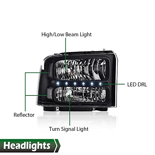 Image of GRAND ORANGE LED DRL Headlights Assembly, Compatible with 2005 2006 2007 Ford F250 F350 F450 F550 Super Duty bumper Headlamp, Amber Corner Headlight(Clear lens Black Housing Clear Reflector)
