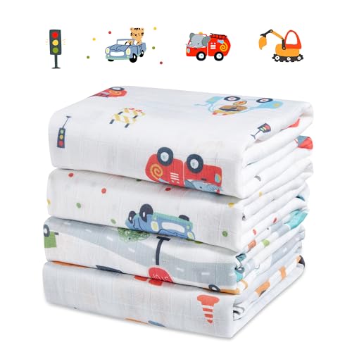 Image of IBESTOPIA 4-Pack 100% Cotton Muslin Swaddle Blankets, Large 47 x 47 Inches - Breathable Soft Receiving Blankets for Newborns, Swaddling Wraps, Registry Gift (Construction Car Adventure)