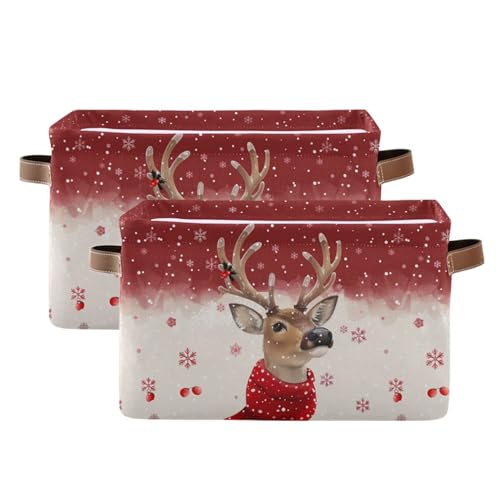 Image of Wamika Christmas Reindeer Storage Basket with Waterproof Liner and PU Handles Winter Snowflake Red Storage Bins Boxes 14.2 inch Collapsible Decorative Organizer Baskets for Bedroom Closet Office 2 Pack