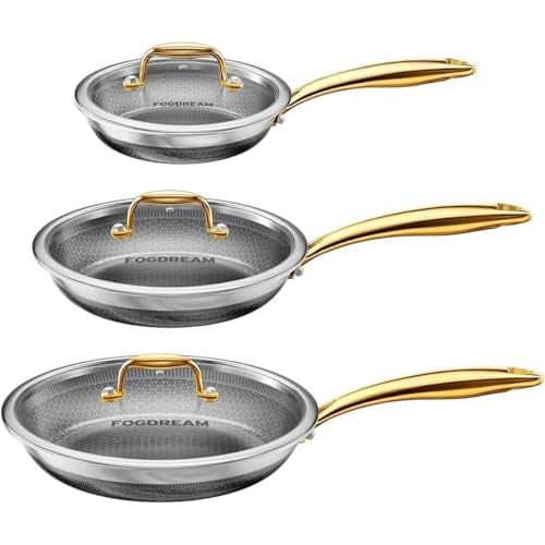 FogDream Non Stick Frying Pans Set, 8, 10 & 12 Inch Stainless Steel Pans with Lids Tri-Ply Stainless Steel Skillets for All Cooktops, Dishwasher & Oven-Safe Cooking Pan, Stay-Cool Handle, Go