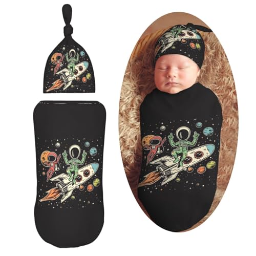 Image of Cute Astronaut and Alien Newborn Swaddle Blanket with Beanie Set Soft Baby Sleep Sack Stretch Adjustable Swaddle Wraps Receiving Blankets