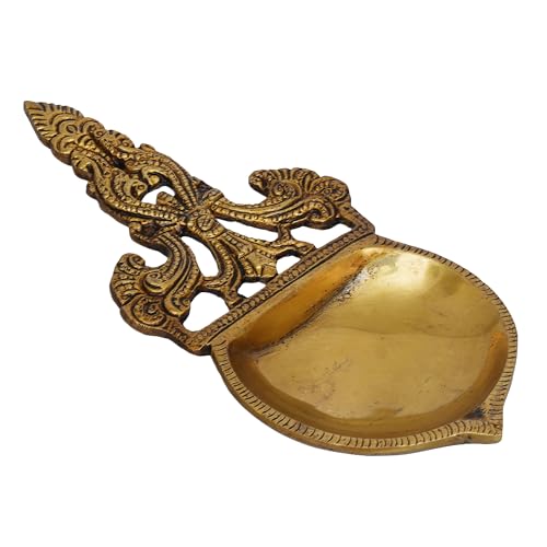 Image of eCraftIndia Golden Ethnic Design Brass Diya with Handle - Ideal for Home Temple for Ganesh Chaturthi, Navaratri, Diwali