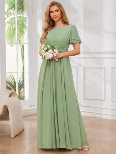 Image of Chiffon Formal Dresses for Women Scoop Neck Modest Bridesmaid Dress with Sleeves Burnt Orange Size 12