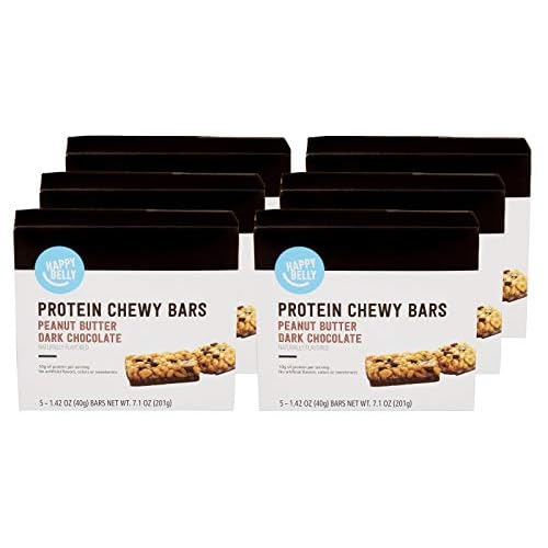 Amazon Brand – Happy Belly Protein Chewy Bars, Peanut Butter & Dark Chocolate, 30 Count (6 Packs of 5)
