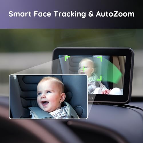 Ellie Baby Car Monitor, 2K UHD Backseat Camera with AI Face Tracking, Dual Screen Display for 2 Kids, Smart Video Capture & App Control, Offline Privacy Protection (Black)