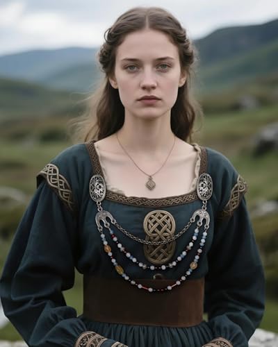 Image of Viking Apron Brooch Chains Medieval Renaissance Women Jewelry | Dress Cape Sweater Shawl Cloak Clasp with Chain, Beads, Celtic Norse Fantasy Elf Fairy Witch Accessory, LARP, Ren Faire
