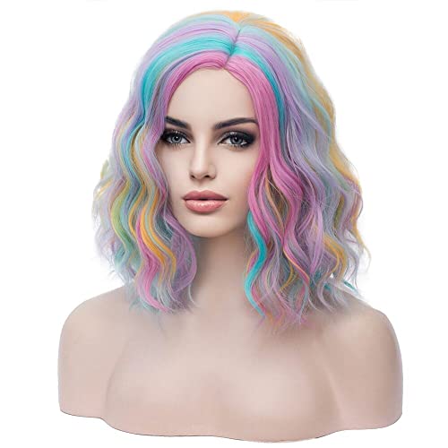 Magqoo Rainbow Wig For Women Short Rainbow Wig Multi-Color Wig Side Part Short Curly Wavy Rainbow Hair Wigs Synthetic Heat Resistant Cosplay Costume Party Wigs #TOP2