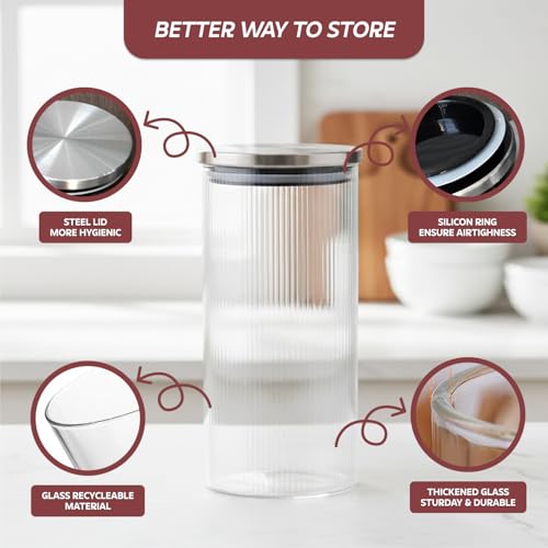 Image of amazon basics Large Fluted Glass Jars with Stainless Steel Lids, Set of 6, 1000ml Decorative Kitchen Storage Containers for Flour, Cookies, Dry Fruits, Pasta & Pantry Staples