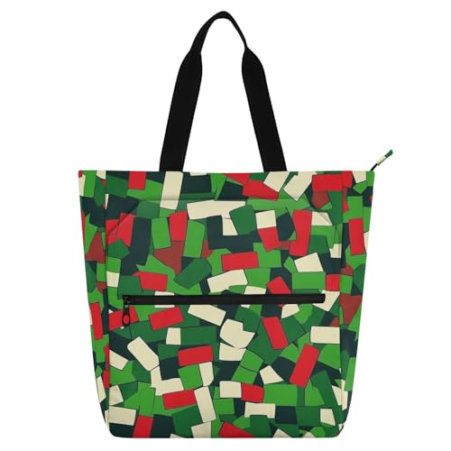 Decorative Cute Book Tote Bag for Kids Adults, Camouflage Mah-jong Style Large Library Book Tote Shopping Bag with Zipper Handles for School Shopping Grocery Rainbow bolsa de tela para