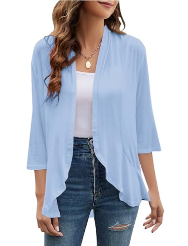 Image of Yekaty Women Cardigan 3 /4 Sleeves Open Front Lightweight Cardigan Draped Ruffles Knit Cardigan