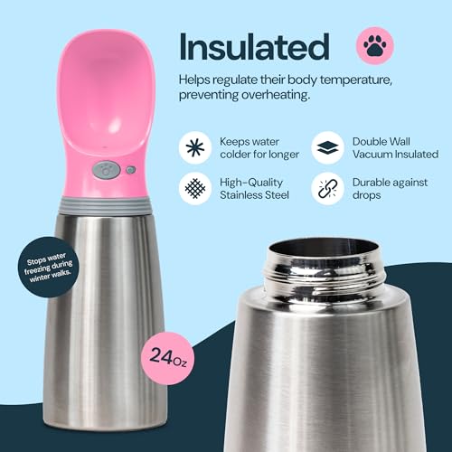 MalsiPree Insulated Dog Water Bottle 24oz (Stainless Steel, Pink) — view 2