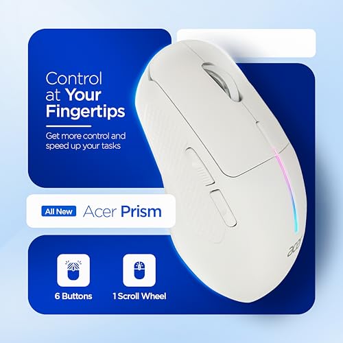 Image of Acer Prism Wireless Mouse | Dual Mode 2.4GHz & BT 5.1 | 6 Buttons with Scroll Wheel | 800 /1200 /1600 DPI | Rechargeable 500mAh Battery | Running RGB | Lightweight 73g I Windows & Mac Compatible - White