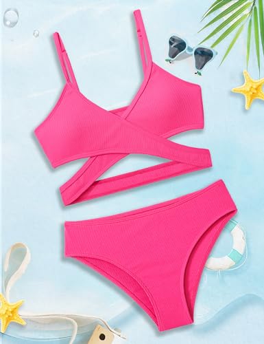 Image of Girls Swimsuit Bikini Set,Criss Cross Bathing Suits for Girl Two Piece Solid Color Girls' Swimwear for 7-16 Years