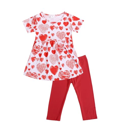 Image of Valentines Toddler Girls Pants Set Love and Heart Pink Outfits Set Ruffle T-Shirt Dress and Pants Outfit Set 3-8Y