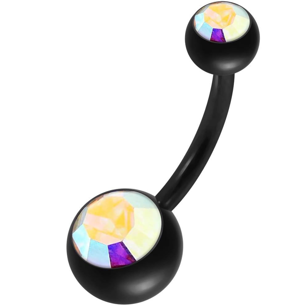 AZARIO LONDONDouble Crystal Stone 14 Gauge Black Anodized Surgical Steel Belly Bar - Navel Jewellery- Surgical Steel Curved Barbell Belly Button Rings