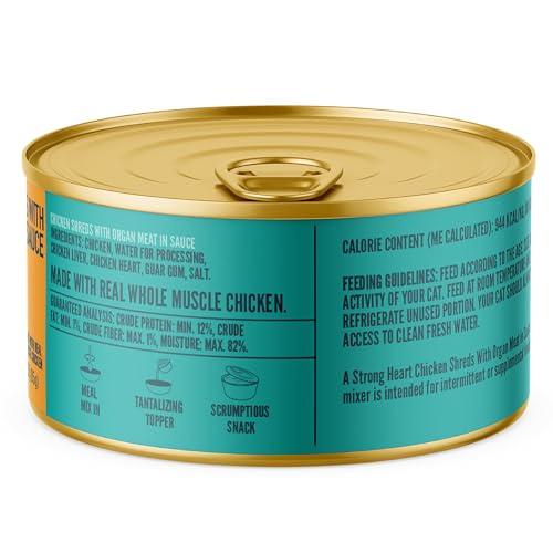 Image of A Strong Heart Canned Wet Cat Food, Chicken Shreds with Organ Meat in Sauce -3 oz Cans (Pack of 24), Made in The USA with Real Chicken