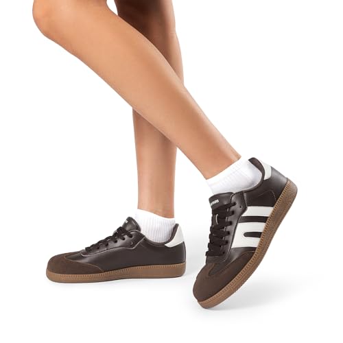 DREAM PAIRS DREAM PAIRS Women's Tennis Sneakers Walking Flat Low-Top Casual Lace-Up Comfortable Nia Fashion Sneakers Shoes, Size 9,Brown,SDFN2442W
