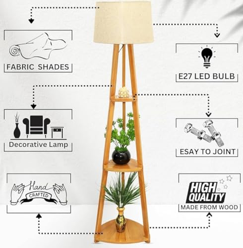 Image of Modern Tripod Floor Lamp with Shelves, Natural Jute Shade, Wooden Stand,Living Room Decorative Light with LED Bulb, Energy Efficient Uplight