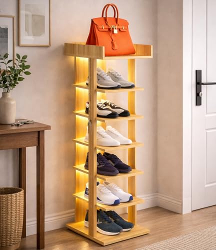 6 Tier Wooden Freestanding Shoe Rack with LED Ambient Lighting, Slim Narrow Vertical Shoe Organizer...