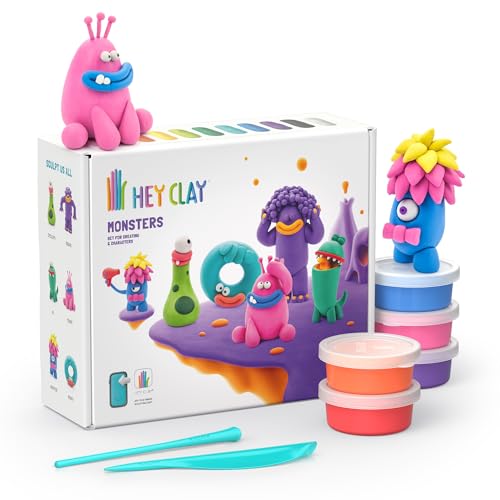 HEY CLAY Set - Colorful Modeling Air Dry Clay Kit for Kids 15 cans and Sculpting Tools with Fun Interactive Instructions App - Children 3+ (Monsters)