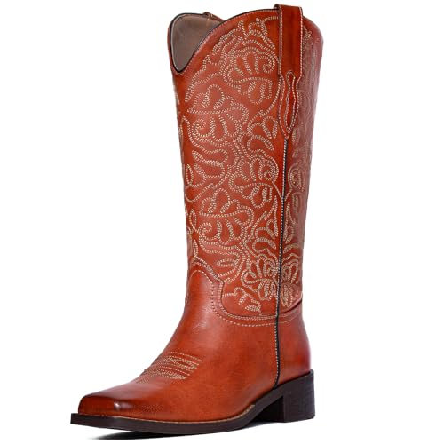Image of Western Cowboy Boots for Women Knee High Cowgirl Boots with Classic Embroidered, Pointed Toe Chunky Heel Fashion Retro Classic Pull On Tall Boot Women Fall Winter