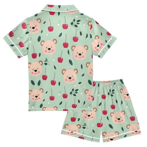 ALAZA Bear Cherry Leaf Satin Pajamas Set Short Sleeve Button Down Sleepwear Summer Pjs 2 Piece2