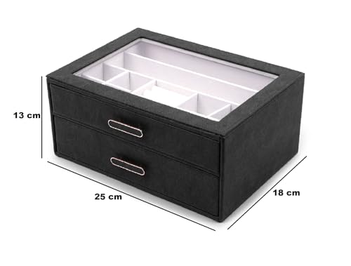 Image of BucketList Premium PU Leather Jewellery Organizer Box with Glass Lid | 2 Pull-Out Drawers Multi-Compartment Storage for Rings, Earrings, Necklaces & Bracelets (2-Layer Jewelry Box (Black))