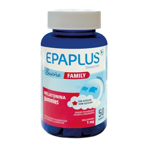 EPAPLUS Sueño Family Gummies | 1 mg de Melatonina por Gominola con Vitamina B6 | 50 Gominolas Sabor Frambuesa | Ayuda a Conciliar el Sueño y Reducir el Cansancio | Sin Azúcar
