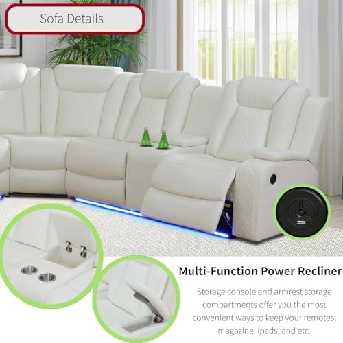 Power Recliner Sofa Sectional Sofa with LED Light for Living Room, Air Leather Reclining Corner Sectional Sofa Set, Cup Holder, Storage Console for Home Theater Seating (Sectional+Chair) - Thumbnail 5