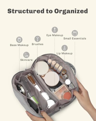 Image of Hynes Eagle Travel Makeup Bag for Women Puffy Cosmetic Organizer Pouch Open Flat Toiletry Bag for Toiletries Brushes Structured Base Light Grey