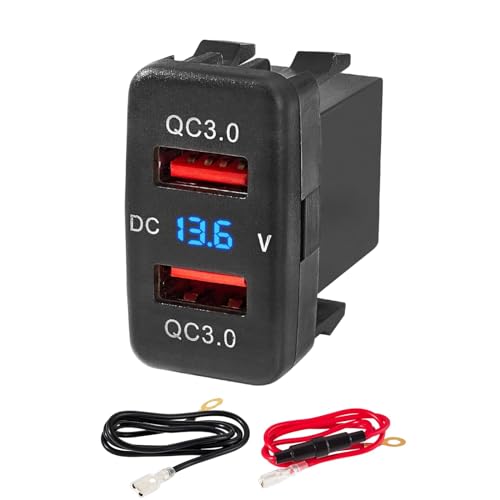 Anina Dual QC USB 3.0 Charger Port for Toyota, 12V/24V 18W Quick Charge Socket Adapter with Digital Voltmeter Blue LED Light, Multi-Port USB Square Car Outlet Plug for Tacoma FJ Cruiser Highlander