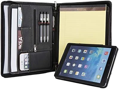 Professional Portfolio with Stand Tablet Holder for 10.5-inch iPad Pro/iPad Air 3, Full-Grain Cow Leather Padfolio Case Zippered Business Organizer Interview Meeting Document Holder