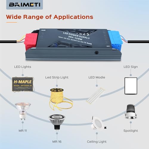 Image of LED Power Supply 24V 150W with Plug, BRIMETI LED Driver 6,3A Transformer AC 120V to 24V DC Low Voltage Switching Converter Constant Voltage Ultra Slim Adapter for LED Strip Light Cabinet Lights