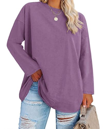 Fisoew Große Größen Langarmshirt Damen Oversize Plus Size T Shirts Rundhalsausschnitt Pullover Basic Tunika Tops Oberteile,Violett,3XL Fisoew Große Größen Langarmshirt Damen Oversize Plus Size T Shirts Rundhalsausschnitt Pullover Basic Tunika Tops Oberteile,Violett,3XL
