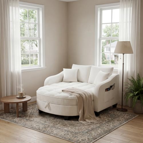 Image of ERYE Chenille Tufted Loveseat Sofa and Ottoman Set, Tufted Recliner Sleeper Chaise Lounge with Curved Storage Ottoman,Reclining Backrest and Side Pockets, 4 Pillows