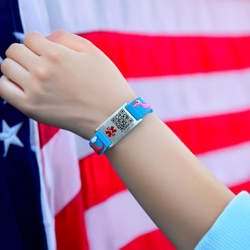 Image of LinnaLove Medical Alert ID Bracelet - Custom or Pre-Engraved, QR Code Available,Blue Dinosaur Band