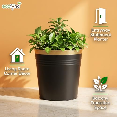 Image of ecofynd Modern Black Metal Planters 10 Inches Pack of 1, Indoor Outdoor Balcony Flower Pots, Living Room Decor Gamla, Midland Garden Pot, Home Decoration Planters, Office Decor Set (REC19004-BLK)