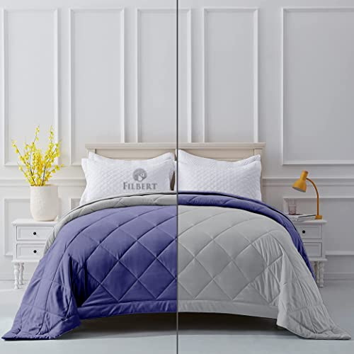 Image of Filbert Reversible Microfiber 300 Tc 250 Gsm Diamond Stitch Double Bed Comforter Blanket For All Season Light Weight (90 inch X 100 inch Inches /228Cm X 254Cm) - Comforter Double Bed | Silver /Medium Blue