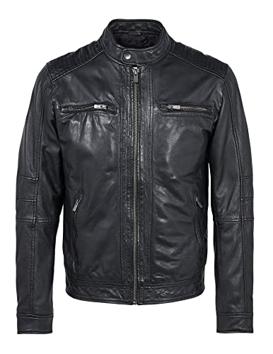Casa das Peles - Chaqueta de Hombre - Piel - L - Negro - De Cuero Genuino - Suave y Agradable - Forro Ligeramente Acolchado - Con Cierre de Cremallera Cover