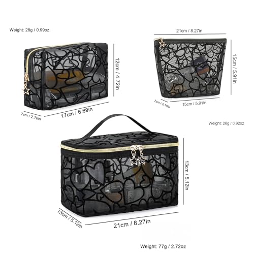 Image of 3-Piece Mesh Makeup Bag Set Flocking Heart Printed, Portable Travel Mesh Cosmetic Bags Toiletry Bags Makeup Purse Bags Five-pointed star zipper pull Storage Pouches, for Home Travel