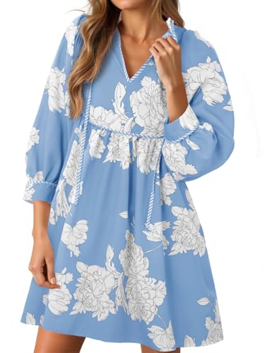Image of Cicy Bell Womens Floral Mini Dresses 3 /4 Balloon Sleeve V Neck Flowy Babydoll Dress Summer Beach Vacation Boho Outfits
