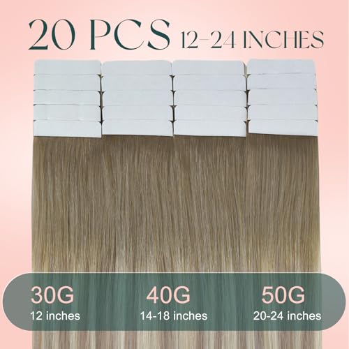 Image of Easyouth 24 Inch Tape in Hair Extensions Human Hair Balayage Tape Extensions Human Hair Light Brown Ombre Ash Blonde Mix Platinum Blonde Remy Hair Tape in Extension can be Re-Taped for Reuse 20pcs 50g