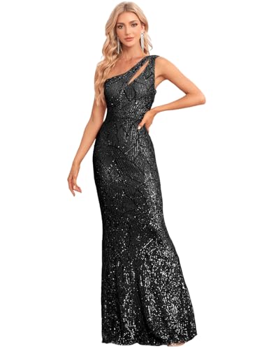 YHHOWEP Women Sequin Long Dress One Shoulder Sparkle Bodycon Glitter Evening Wedding Guest Formal Party Maxi Dresses Ball Gown Black M