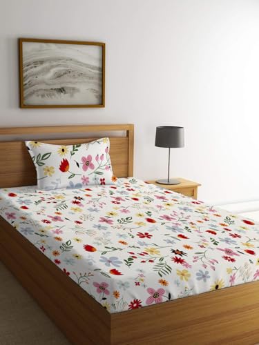 LOOMLYFE 300 TC Cotton Feel Glace Elastic Fitted Printed Single Bed Bedsheet with 1 Pillow Cover Fits Upto 6 Inches Mattress,Size- 42X75X8 Inches. RedPinkFlower